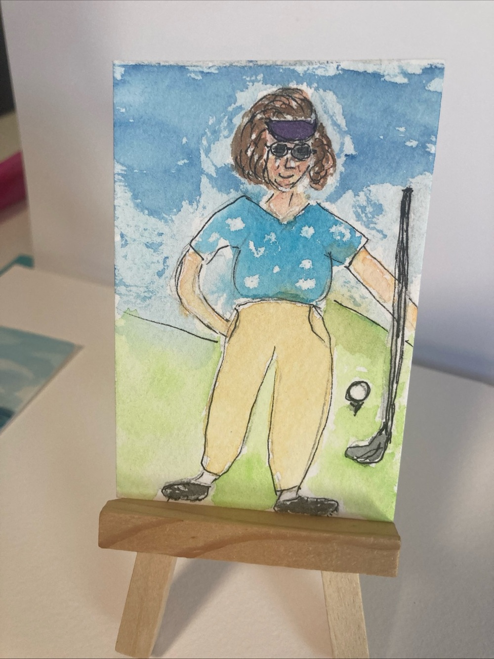 Original Mixed Media whimsical Golf art Aceo card in Blue and Cream
